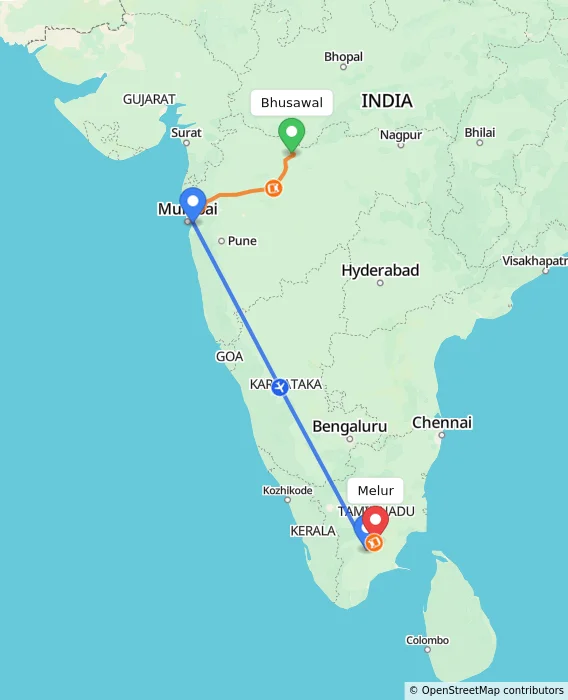 Route map showing distance and travel time from Bhusawal, India to Melur, India