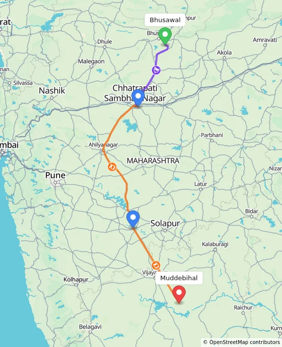 Route map showing distance and travel time from Bhusawal, India to Muddebihal, India