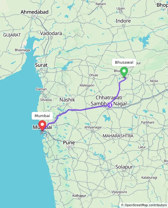 Route map showing distance and travel time from Bhusawal, India to Mumbai, India