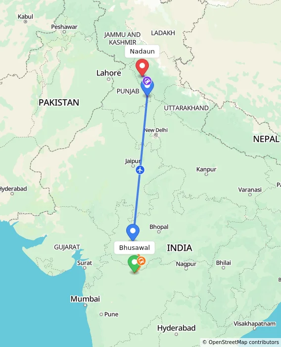 Route map showing distance and travel time from Bhusawal, India to Nadaun, India