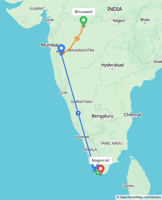 Route map showing distance and travel time from Bhusawal, India to Nagercoil, India