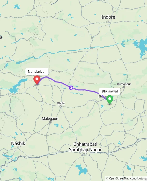 Route map showing distance and travel time from Bhusawal, India to Nandurbar, India