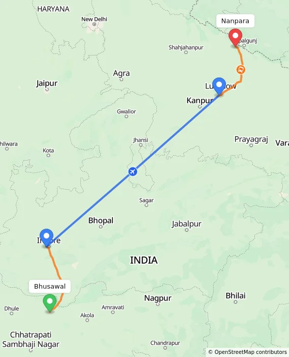 Route map showing distance and travel time from Bhusawal, India to Nanpara, India