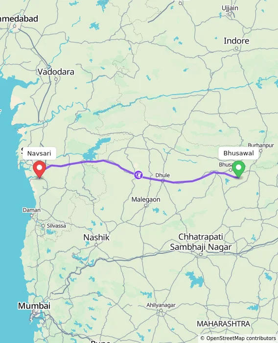 Route map showing distance and travel time from Bhusawal, India to Navsari, India