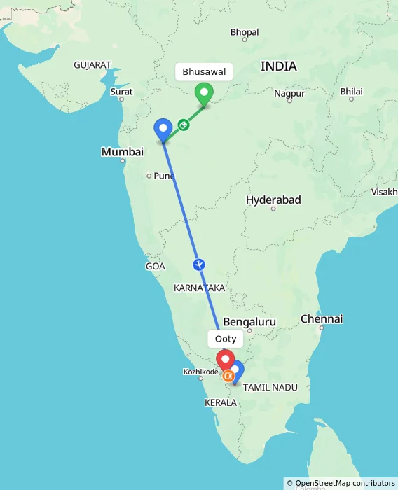 Route map showing distance and travel time from Bhusawal, India to Ooty, India