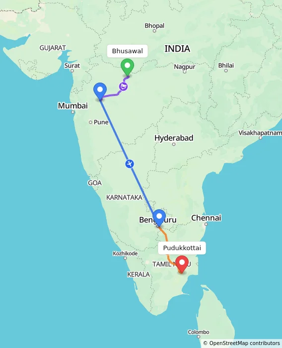 Route map showing distance and travel time from Bhusawal, India to Pudukkottai, India