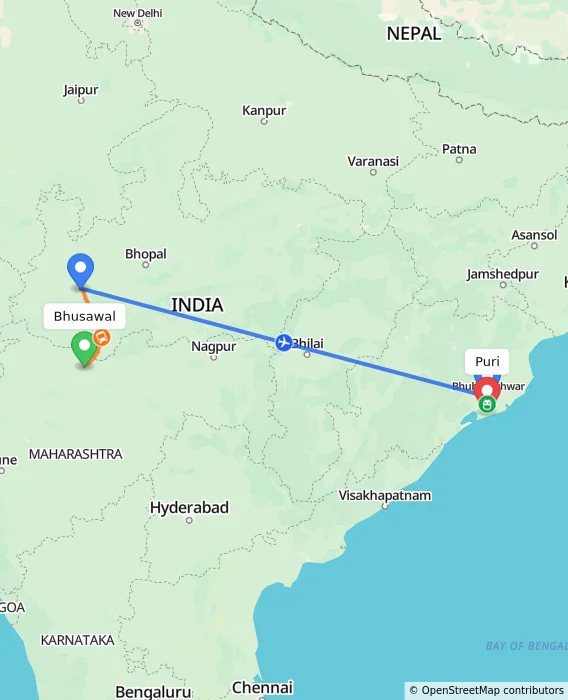 Route map showing distance and travel time from Bhusawal, India to Puri, India