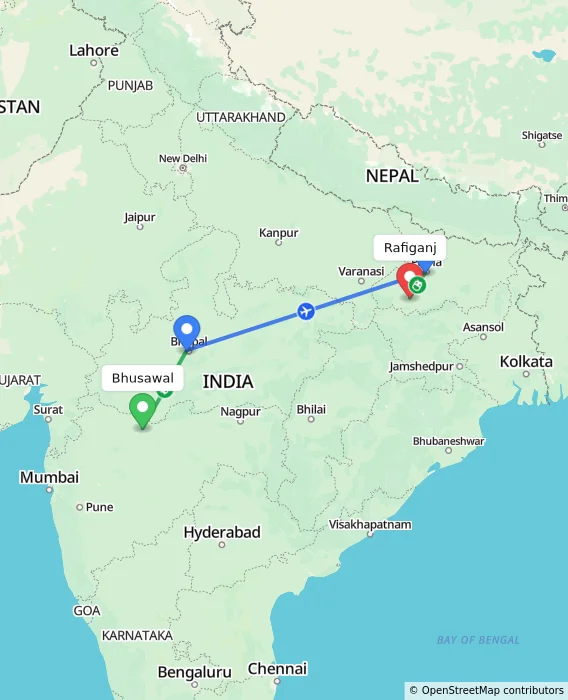 Route map showing distance and travel time from Bhusawal, India to Rafiganj, India