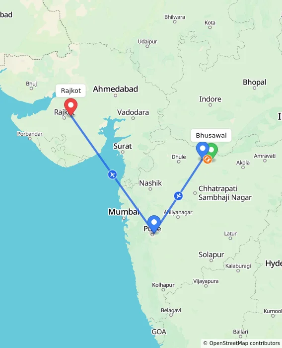 Route map showing distance and travel time from Bhusawal, India to Rajkot, India