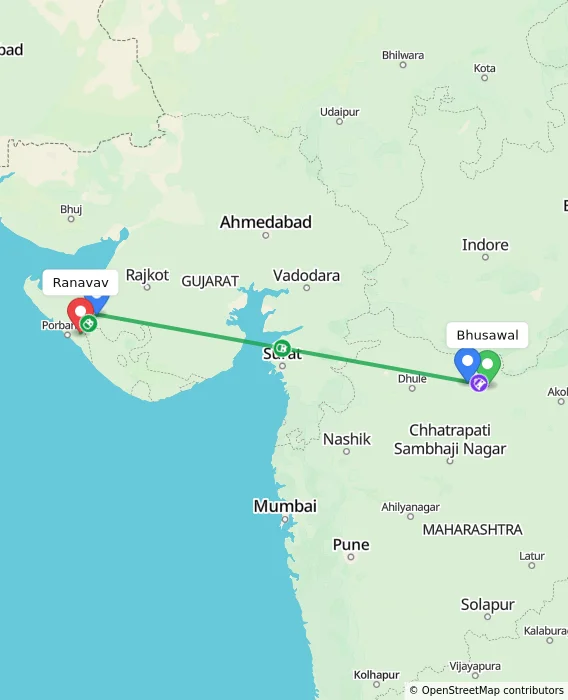 Route map showing distance and travel time from Bhusawal, India to Ranavav, India