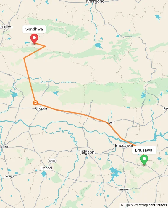 Route map showing distance and travel time from Bhusawal, India to Sendhwa, India