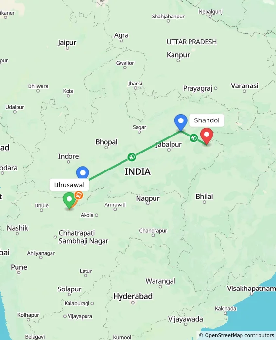 Route map showing distance and travel time from Bhusawal, India to Shahdol, India
