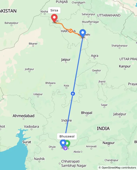 Route map showing distance and travel time from Bhusawal, India to Sirsa, India