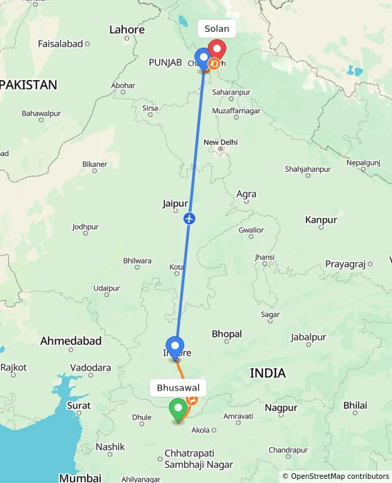 Route map showing distance and travel time from Bhusawal, India to Solan, India