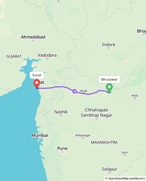 Route map showing distance and travel time from Bhusawal, India to Surat, India