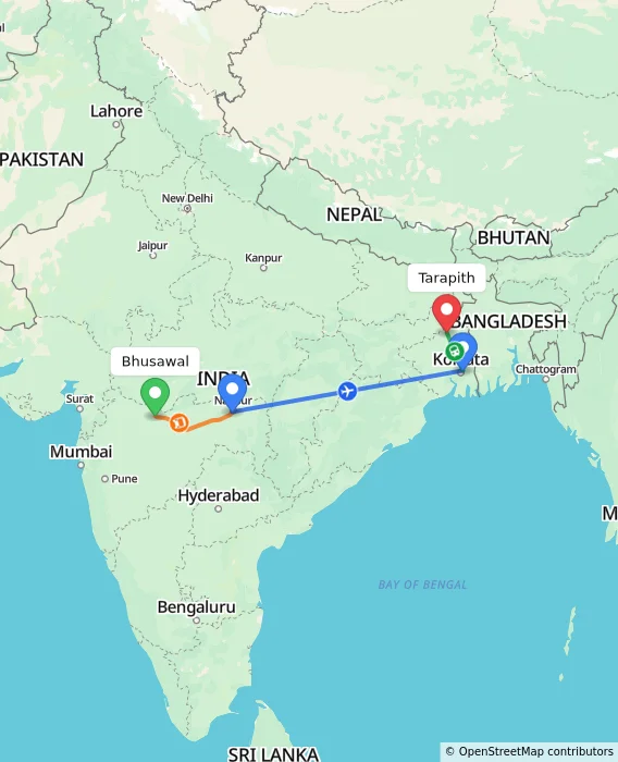 Route map showing distance and travel time from Bhusawal, India to Tarapith, India