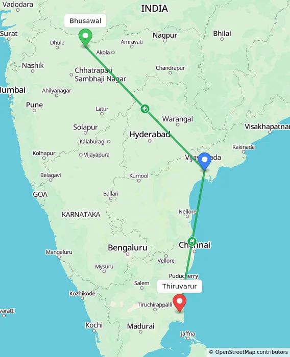 Route map showing distance and travel time from Bhusawal, India to Thiruvarur, India
