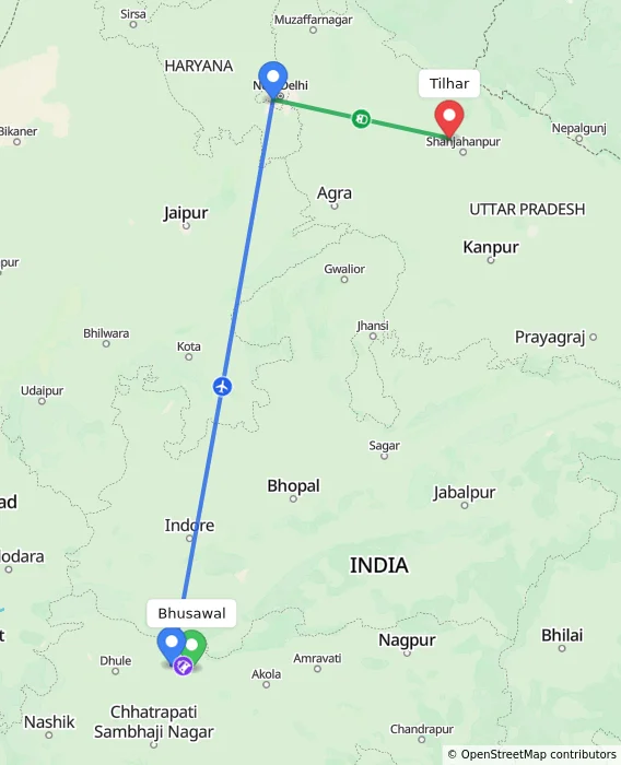 Route map showing distance and travel time from Bhusawal, India to Tilhar, India