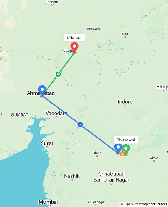 Route map showing distance and travel time from Bhusawal, India to Udaipur, India