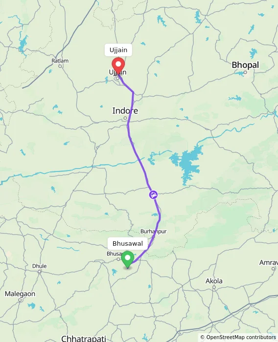 Route map showing distance and travel time from Bhusawal, India to Ujjain, India