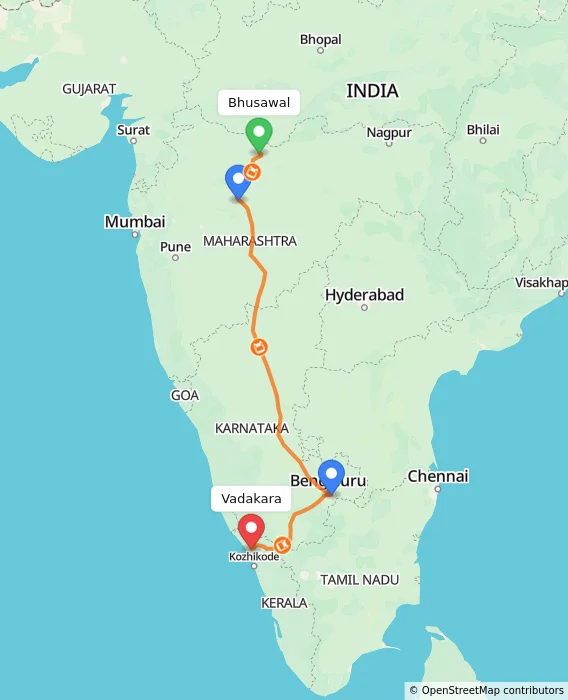 Route map showing distance and travel time from Bhusawal, India to Vadakara, India