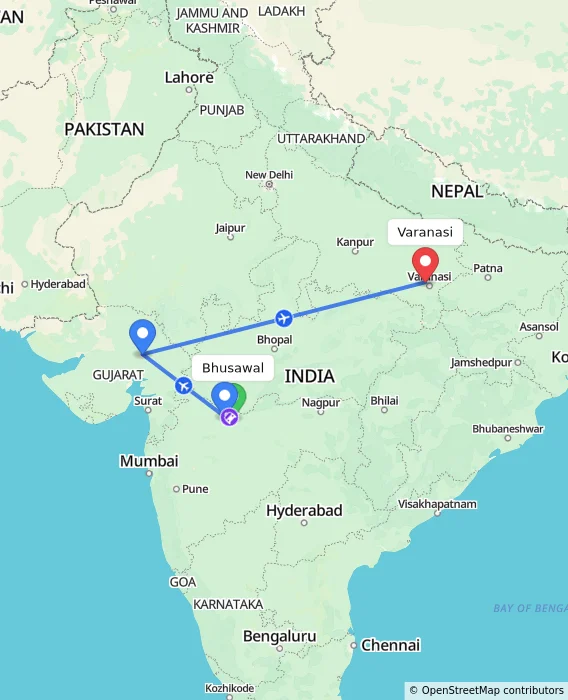 Route map showing distance and travel time from Bhusawal, India to Varanasi, India