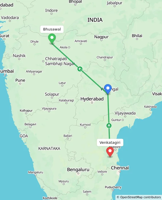 Route map showing distance and travel time from Bhusawal, India to Venkatagiri, India