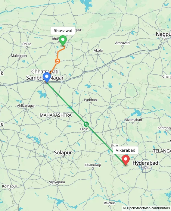 Route map showing distance and travel time from Bhusawal, India to Vikarabad, India