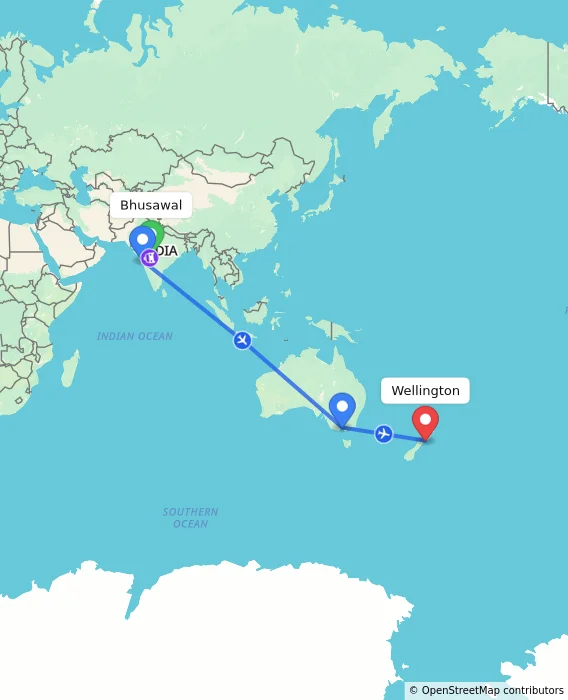 Route map showing distance and travel time from Bhusawal, India to Wellington, New Zealand