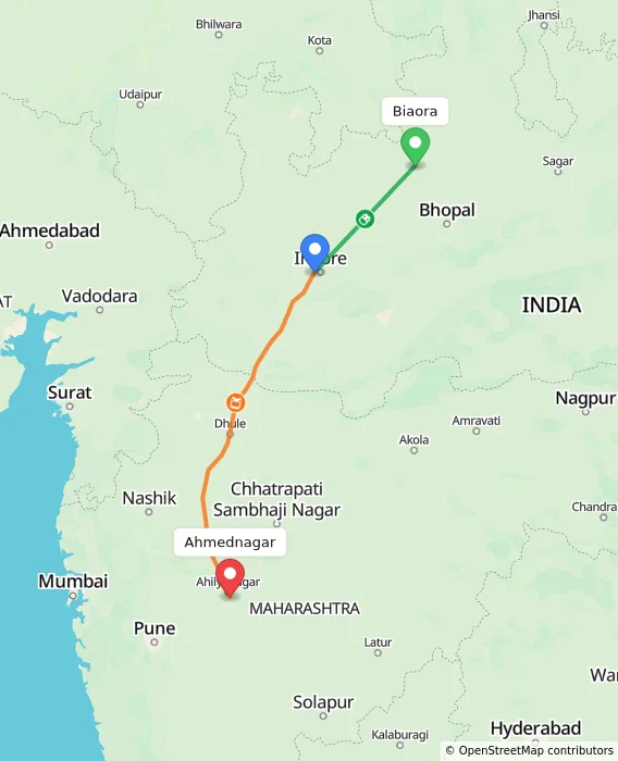 Route map showing distance and travel time from Biaora, India to Ahmednagar, India