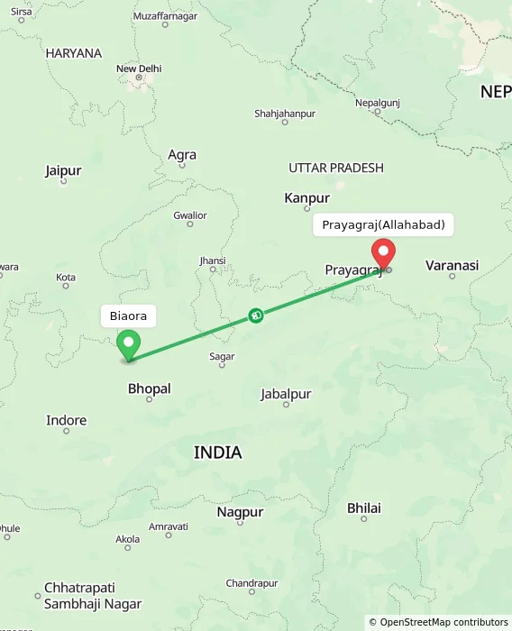 Route map showing distance and travel time from Biaora, India to Allahabad, India