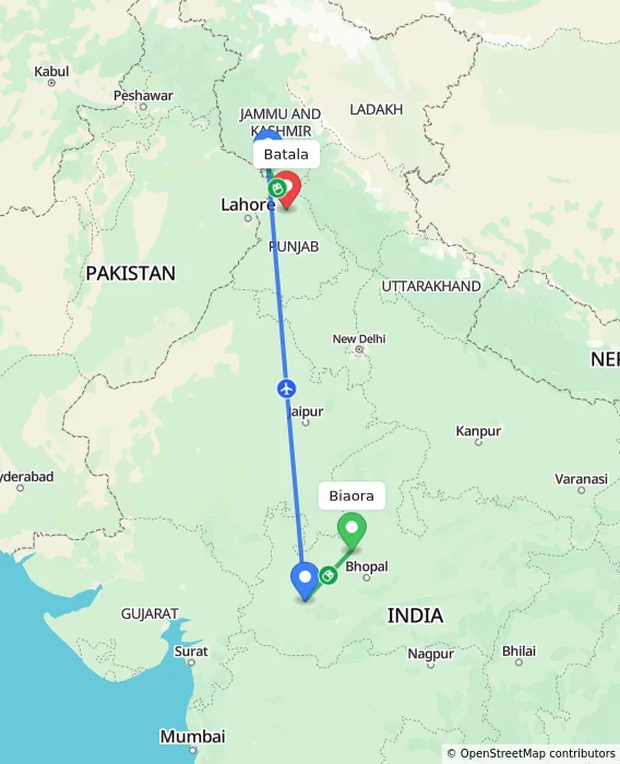Route map showing distance and travel time from Biaora, India to Batala, India