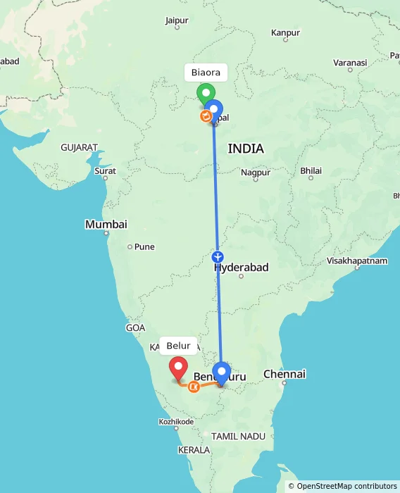 Route map showing distance and travel time from Biaora, India to Belur, India
