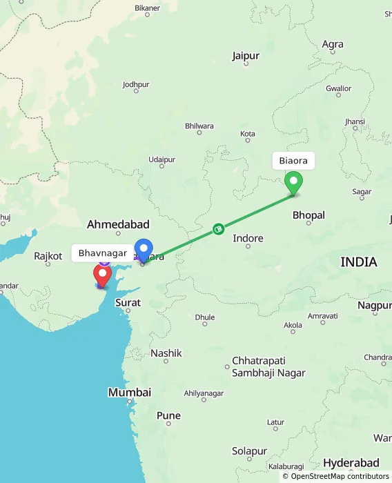 Route map showing distance and travel time from Biaora, India to Bhavnagar, India