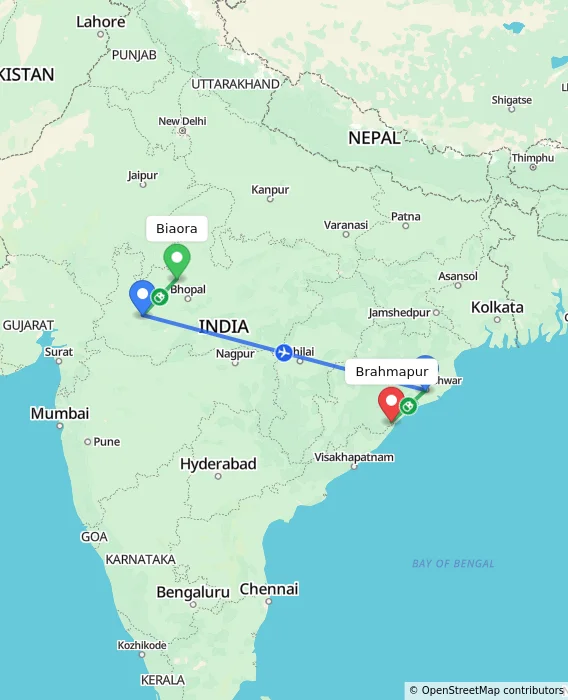 Route map showing distance and travel time from Biaora, India to Brahmapur, India