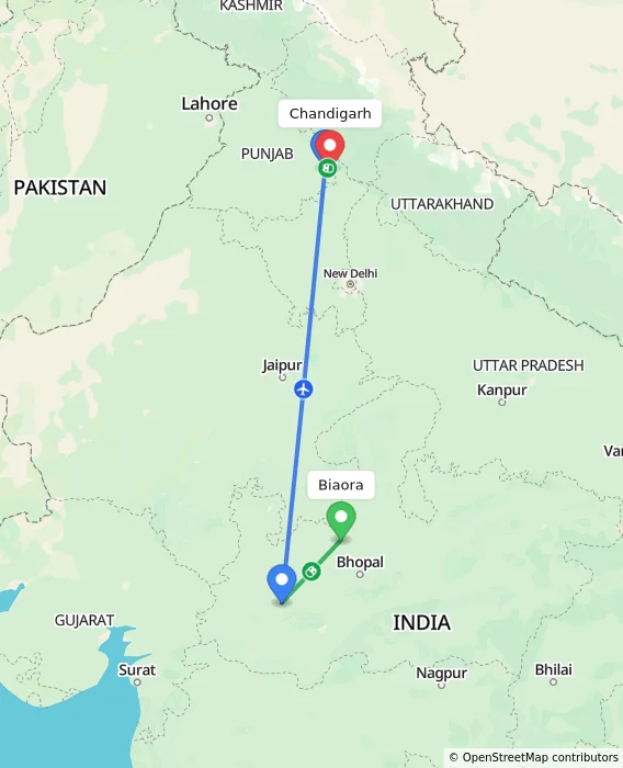 Route map showing distance and travel time from Biaora, India to Chandigarh, India