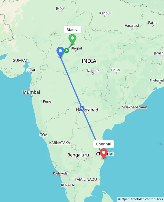 Route map showing distance and travel time from Biaora, India to Chennai, India
