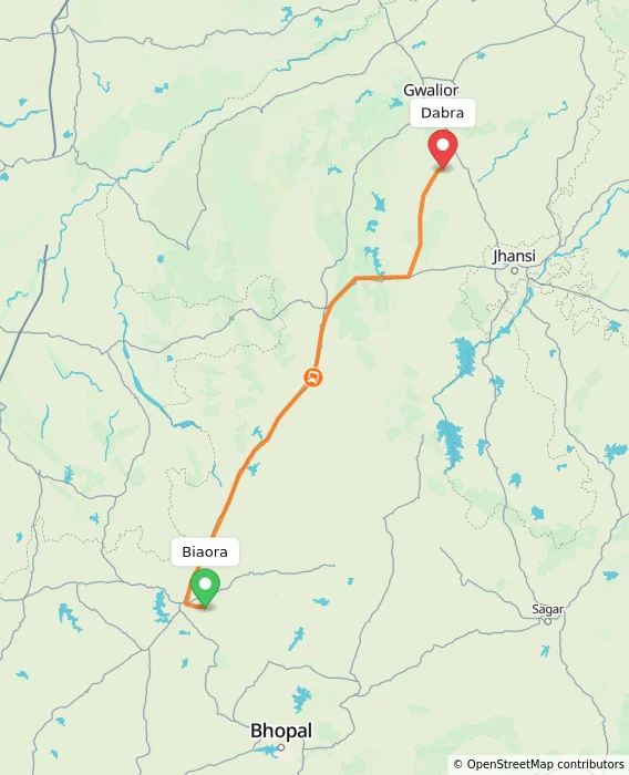 Route map showing distance and travel time from Biaora, India to Dabra, India