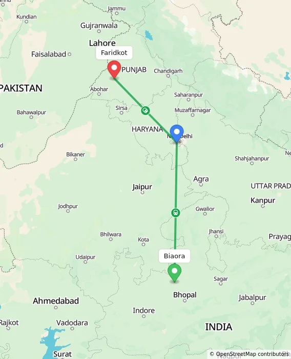Route map showing distance and travel time from Biaora, India to Faridkot, India