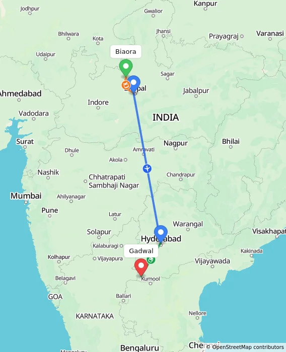Route map showing distance and travel time from Biaora, India to Gadwal, India