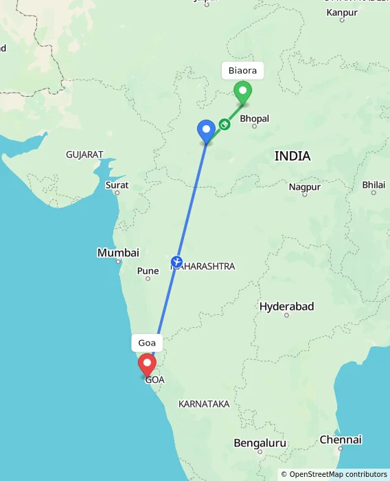 Route map showing distance and travel time from Biaora, India to Goa, India