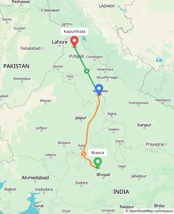 Route map showing distance and travel time from Biaora, India to Kapurthala, India
