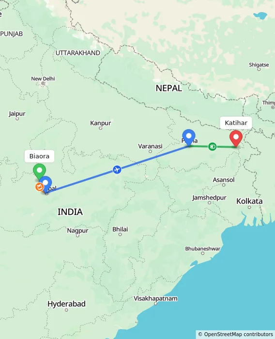 Route map showing distance and travel time from Biaora, India to Katihar, India