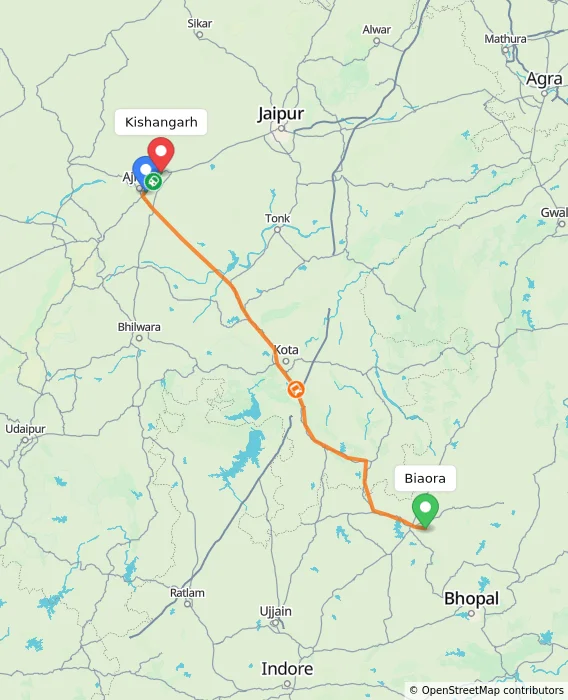 Route map showing distance and travel time from Biaora, India to Kishangarh, India