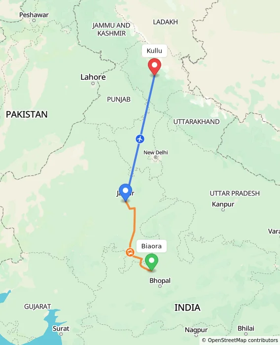 Route map showing distance and travel time from Biaora, India to Kullu, India