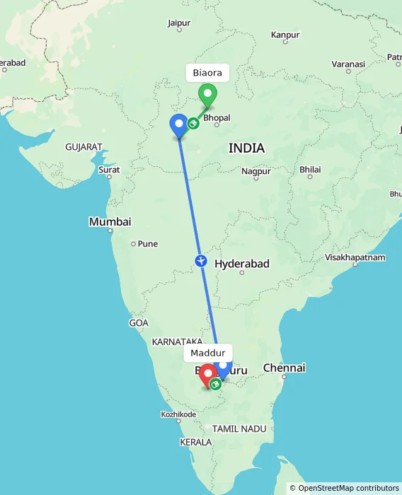 Route map showing distance and travel time from Biaora, India to Maddur, India