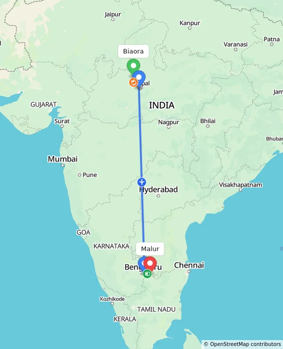 Route map showing distance and travel time from Biaora, India to Malur, India
