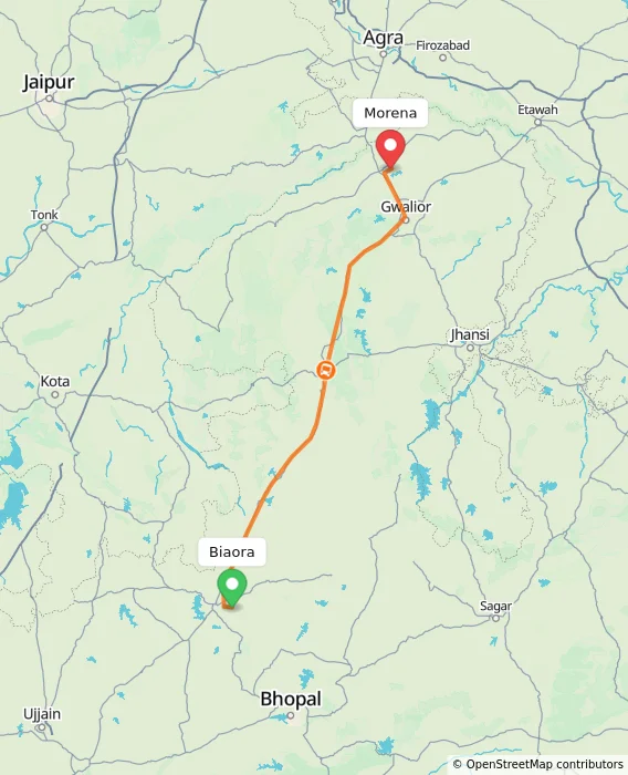 Route map showing distance and travel time from Biaora, India to Morena, India