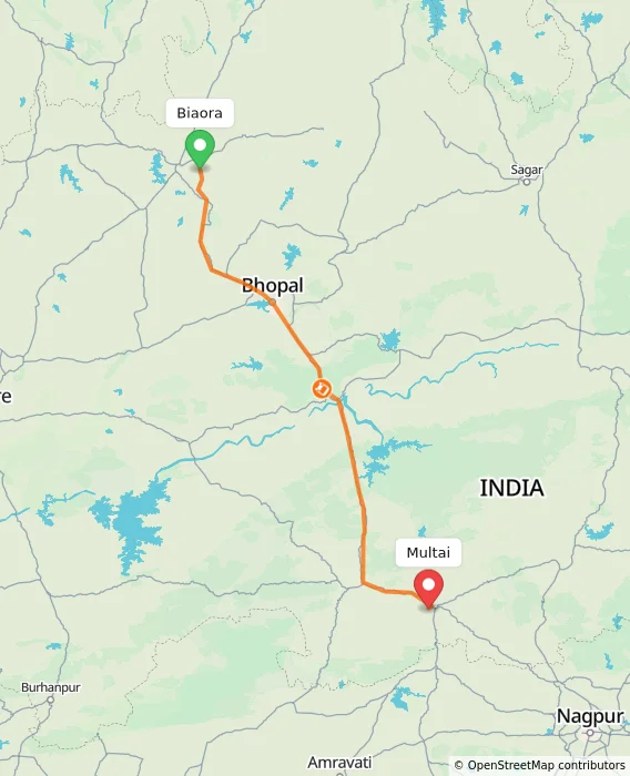 Route map showing distance and travel time from Biaora, India to Multai, India