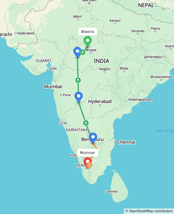 Route map showing distance and travel time from Biaora, India to Munnar, India